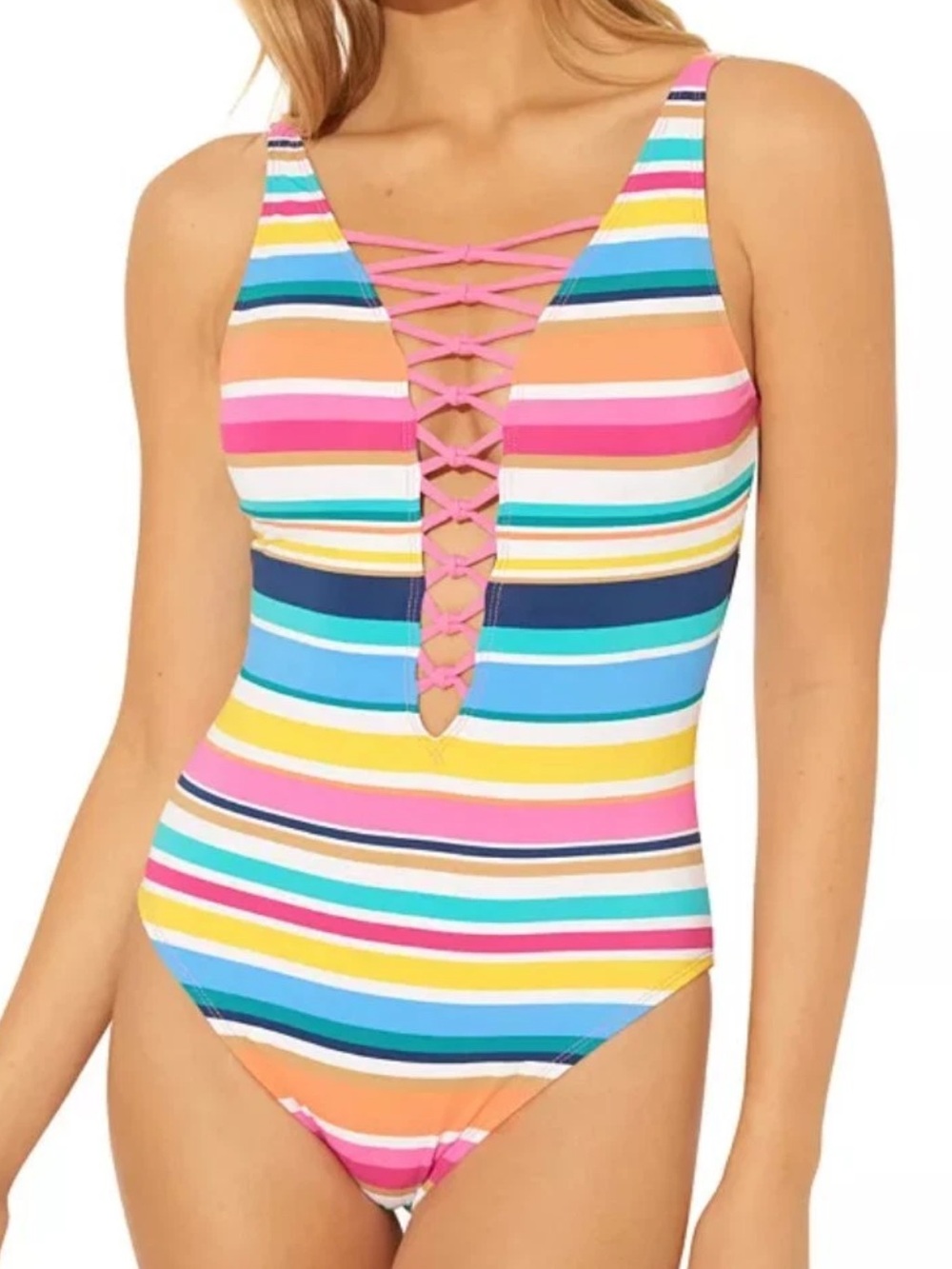Bleu by Rod Beattie Lattice One-Piece Swimsuit Color Bomb Sz 12